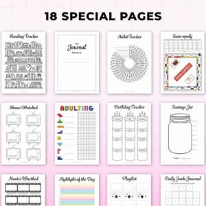 Overview of 18 special pages included in a bullet journal printable bundle, featuring reading tracker, habit tracker, savings tracker, birthday tracker, shows and movies watched, playlist pages, daily journal, and fun challenge layouts. Black and white minimalist bullet journal printables with dotted backgrounds, designed for A4 and A5 planners, digital download.