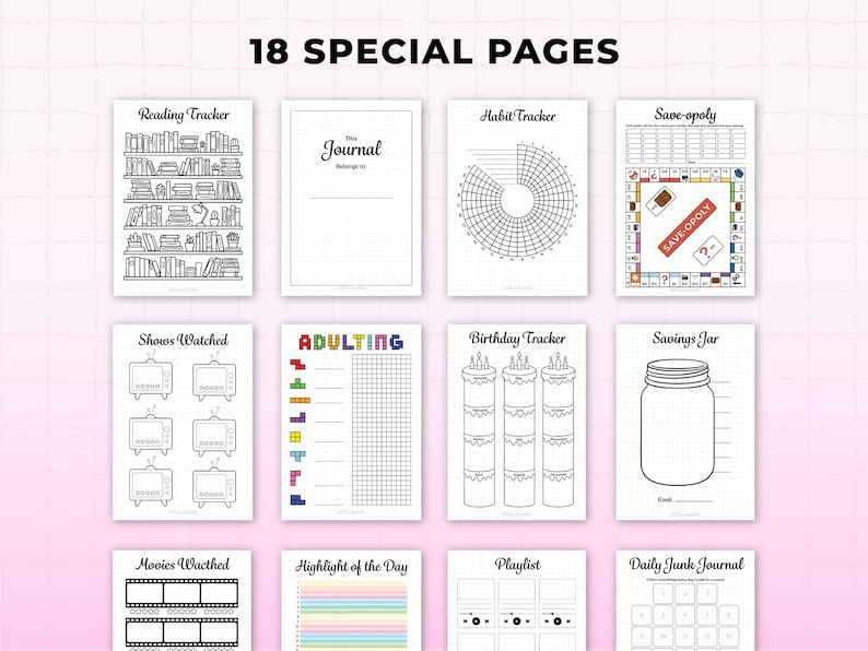 Overview of 18 special pages included in a bullet journal printable bundle, featuring reading tracker, habit tracker, savings tracker, birthday tracker, shows and movies watched, playlist pages, daily journal, and fun challenge layouts. Black and white minimalist bullet journal printables with dotted backgrounds, designed for A4 and A5 planners, digital download.