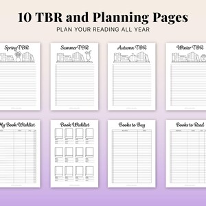 Reading planner printable with 10 TBR and planning pages including spring TBR, summer TBR, autumn TBR, winter TBR, my book wishlist, book wishlist tracker, books to buy list and books to read planner pages, reading journal bundle A4 A5 PDF