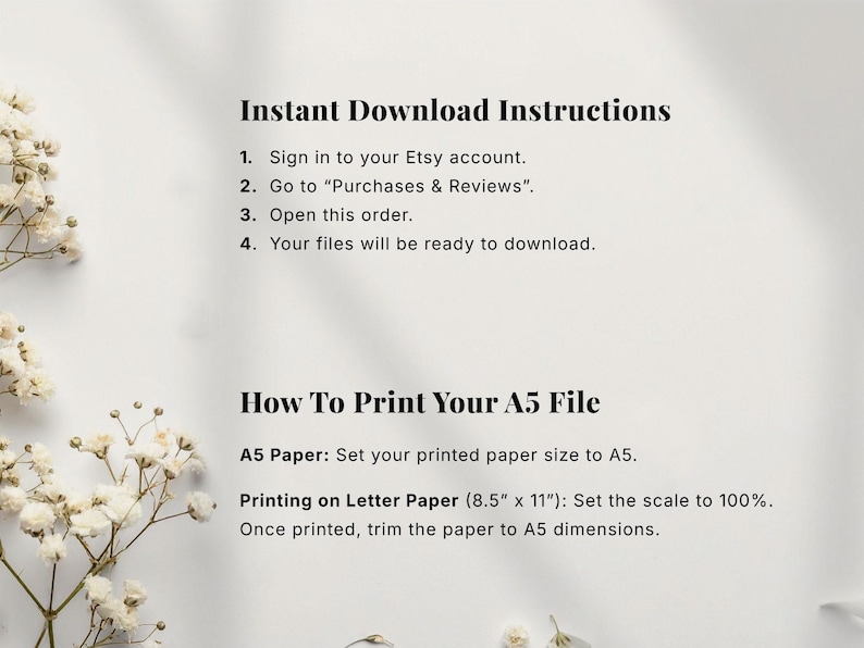 Thank you and instructions page showing how to download and print an Etsy digital printable file
