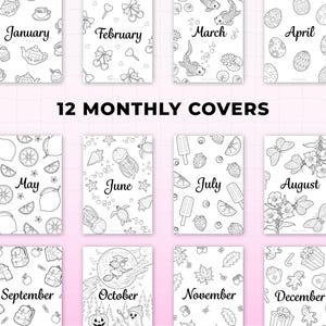 Monthly cover pages printable for a 2026 bullet journal kit, showing 12 illustrated monthly journal covers from January through December. Black and white minimalist designs with seasonal themes including florals, fruit, ocean, autumn, and holiday illustrations. Printable bullet journal cover pages sized for A4 and A5 planner and journal inserts, digital download.