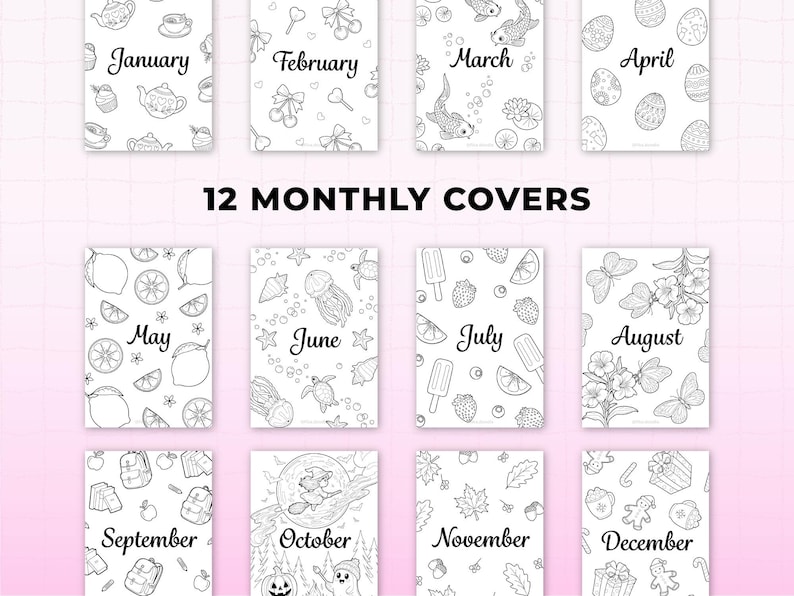 Monthly cover pages printable for a 2026 bullet journal kit, showing 12 illustrated monthly journal covers from January through December. Black and white minimalist designs with seasonal themes including florals, fruit, ocean, autumn, and holiday illustrations. Printable bullet journal cover pages sized for A4 and A5 planner and journal inserts, digital download.