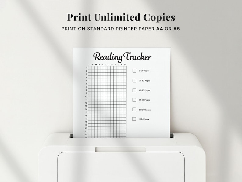 Printable 2026 planner page shown printing on a home printer, demonstrating unlimited printing on standard printer paper in A4 Letter or A5 size, black and white planner and bullet journal printable pages designed for easy at home printing, instant digital download