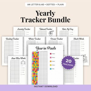 Jaarlijkse trackerbundel afdrukbaar | Jaarlijkse gewoonte-, stemmings- en doelentrackers | Bullet Journal-pagina's | Insteekkaarten voor planners