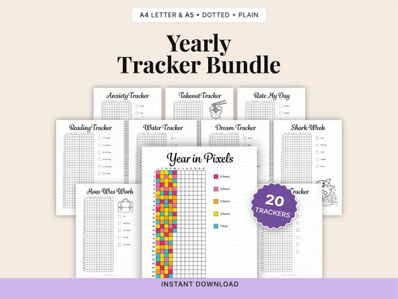 Yearly Tracker Bundle Printable | Annual Habit, Mood & Goal Trackers | Bullet Journal Pages | Planner Inserts