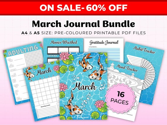 Koi Fish March Journal Bundle | Printable Planner Pages (Digital Download A4/A5 Size)