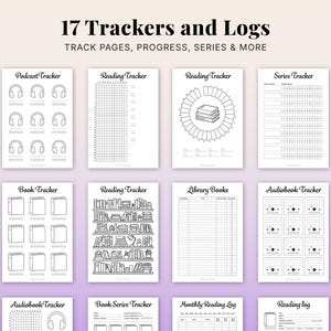 Reading challenge planner printable showing 17 tracker and log pages including podcast tracker, reading tracker, circular reading tracker, series tracker, book tracker, bookshelf reading tracker, library books log, audiobook tracker, audiobook log, book series tracker, monthly reading log and reading log pages, book tracker planner bundle in A4 A5 PDF