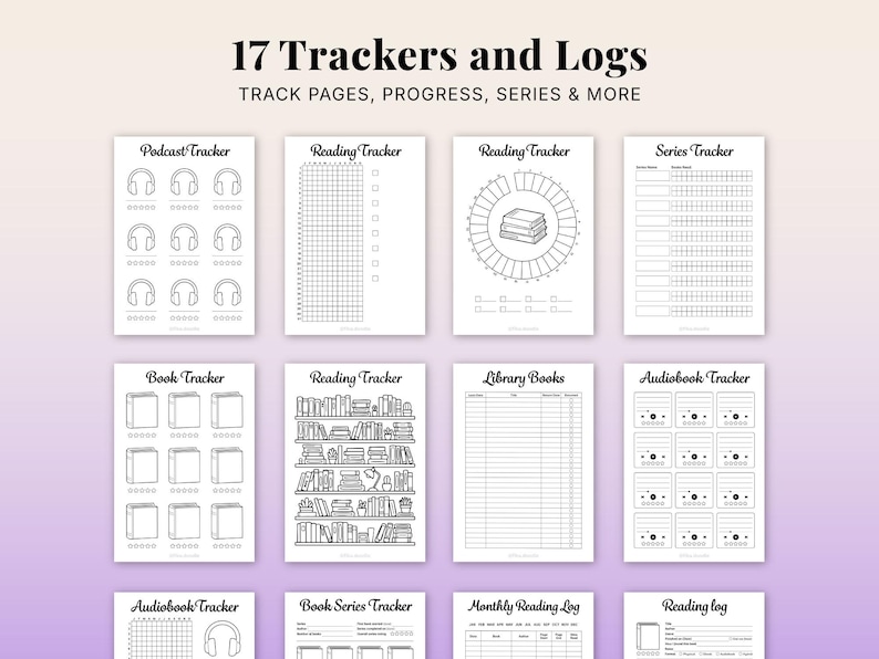 Reading challenge planner printable showing 17 tracker and log pages including podcast tracker, reading tracker, circular reading tracker, series tracker, book tracker, bookshelf reading tracker, library books log, audiobook tracker, audiobook log, book series tracker, monthly reading log and reading log pages, book tracker planner bundle in A4 A5 PDF