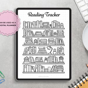 Bookshelf reading tracker printable shown on an iPad as a digital planner page, designed for use with GoodNotes or other digital planning apps to track reading goals