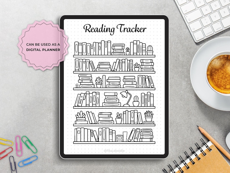 Bookshelf reading tracker printable shown on an iPad as a digital planner page, designed for use with GoodNotes or other digital planning apps to track reading goals