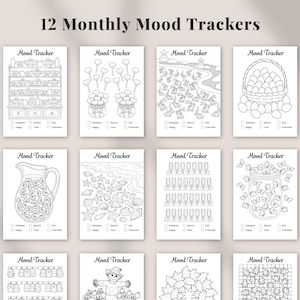 12 monthly mood tracker pages from a 2026 printable planner bundle featuring themed black and white designs, planner and bullet journal mood trackers with daily tracking boxes, minimalist digital planner inserts for A4 Letter and A5 printing, instant digital download