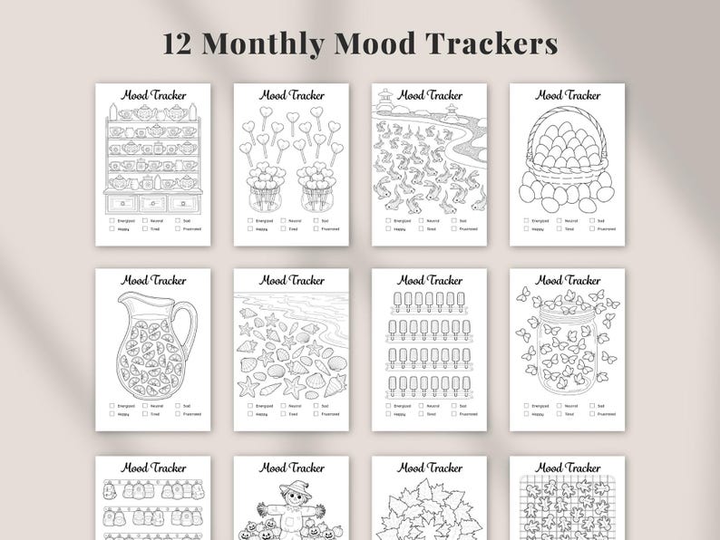 12 monthly mood tracker pages from a 2026 printable planner bundle featuring themed black and white designs, planner and bullet journal mood trackers with daily tracking boxes, minimalist digital planner inserts for A4 Letter and A5 printing, instant digital download