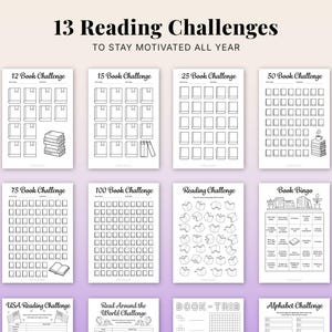 Reading challenge planner printable showing 13 reading challenge pages including 12 book challenge, 15 book challenge, 25 book challenge, 50 book challenge, 75 book challenge, 100 book challenge, reading challenge tracker, book bingo challenge, USA reading challenge, read around the world challenge, TBR challenge and alphabet reading challenge, A4 A5 PDF bundle