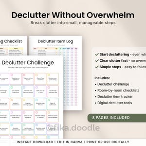 ADHD decluttering planner printable PDF with decluttering checklists, declutter challenge pages, room-by-room organization tools, item tracking sheets, and simple step-by-step decluttering systems designed to reduce overwhelm and help ADHD users clear clutter in manageable steps. Includes printable home organization pages editable in Canva for digital or print use.