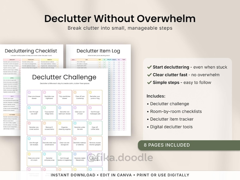 ADHD decluttering planner printable PDF with decluttering checklists, declutter challenge pages, room-by-room organization tools, item tracking sheets, and simple step-by-step decluttering systems designed to reduce overwhelm and help ADHD users clear clutter in manageable steps. Includes printable home organization pages editable in Canva for digital or print use.
