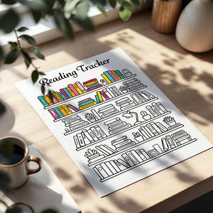 Printed reading tracker page illustrated with books on shelves, placed on a wooden desk near a cup of coffee and houseplants, with sunlight casting soft shadows across the page.