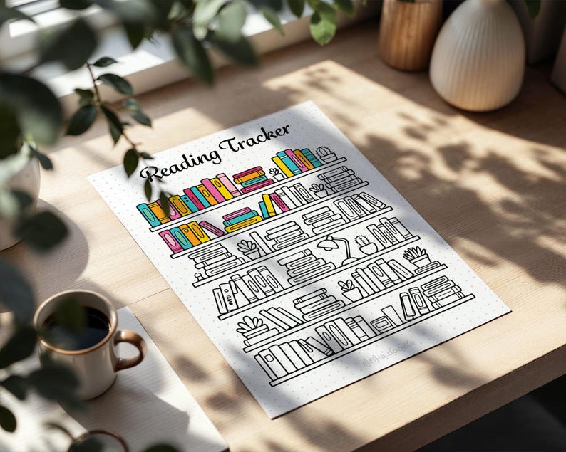 Printed reading tracker page illustrated with books on shelves, placed on a wooden desk near a cup of coffee and houseplants, with sunlight casting soft shadows across the page.