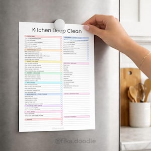 ADHD kitchen deep cleaning checklist printable PDF displayed on a refrigerator for easy daily use, featuring step-by-step kitchen cleaning tasks, low-energy reset options, and ADHD-friendly home cleaning systems designed to reduce overwhelm and simplify deep cleaning routines. Printable and editable cleaning planner for home organization and household management.
