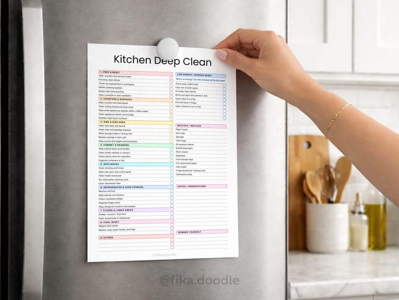 ADHD kitchen deep cleaning checklist printable PDF displayed on a refrigerator for easy daily use, featuring step-by-step kitchen cleaning tasks, low-energy reset options, and ADHD-friendly home cleaning systems designed to reduce overwhelm and simplify deep cleaning routines. Printable and editable cleaning planner for home organization and household management.