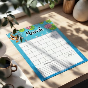 May include: A March calendar with a blue background featuring a koi fish, water lilies, and bubbles. The calendar has a grid for daily entries, with sections for monthly goals and notes. The word "March" is written in a cursive font.