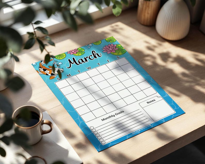 May include: A March calendar with a blue background featuring a koi fish, water lilies, and bubbles. The calendar has a grid for daily entries, with sections for monthly goals and notes. The word "March" is written in a cursive font.