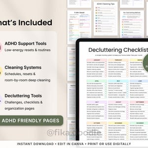What’s included in the ADHD cleaning planner bundle printable PDF featuring ADHD support tools, decluttering checklists, low-energy cleaning routines, room-by-room deep cleaning systems, cleaning schedules, reset methods, and organization pages. Includes 100+ ADHD-friendly printable pages with blank and prefilled versions for digital or printable home organization.