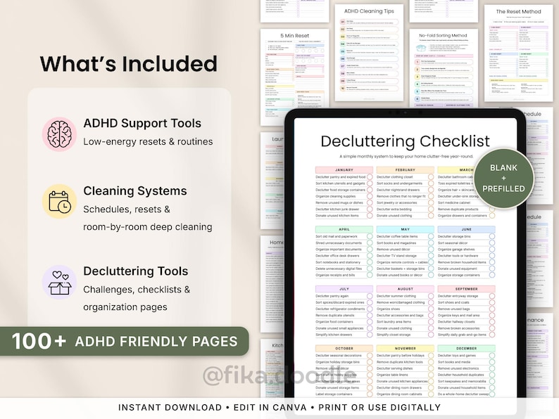 What’s included in the ADHD cleaning planner bundle printable PDF featuring ADHD support tools, decluttering checklists, low-energy cleaning routines, room-by-room deep cleaning systems, cleaning schedules, reset methods, and organization pages. Includes 100+ ADHD-friendly printable pages with blank and prefilled versions for digital or printable home organization.