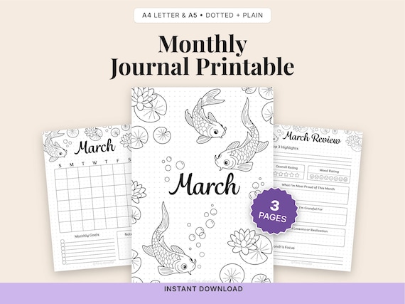 March Planner Set, Koi Fish Theme, A4 A5 Printable (Digital Download)