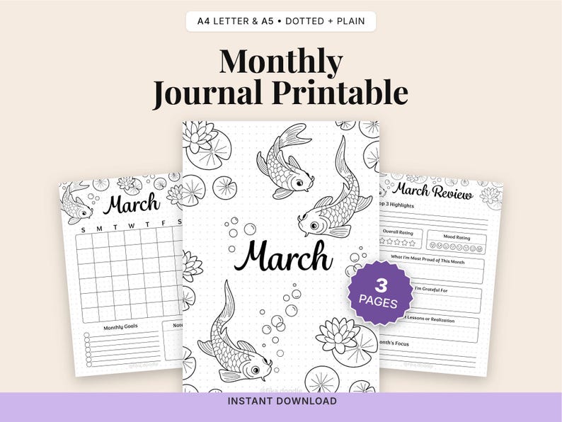 March Planner Set, Koi Fish Theme, A4 A5 Printable (Digital Download) image 1