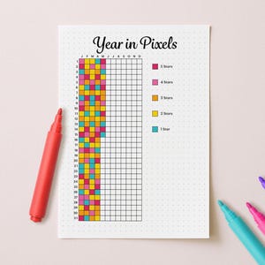 Year in pixels journal page showing a grid used to color-code daily moods across the months, with a small legend and dotted background. The page is photographed on a neutral surface with colorful markers placed beside it.