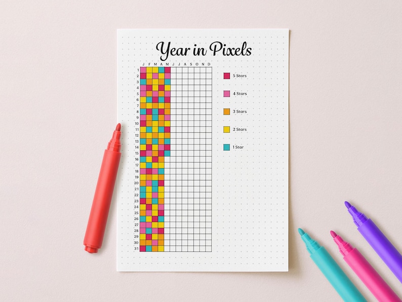 Year in pixels journal page showing a grid used to color-code daily moods across the months, with a small legend and dotted background. The page is photographed on a neutral surface with colorful markers placed beside it.