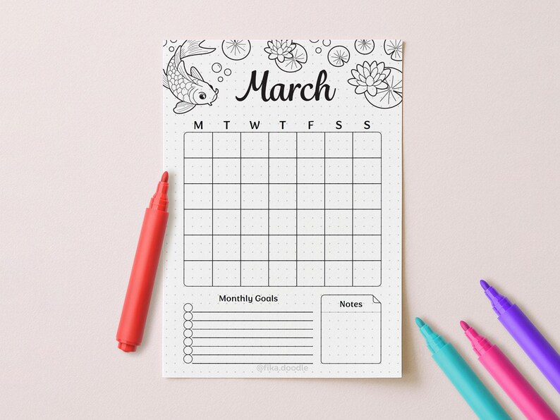 March Planner Set, Koi Fish Theme, A4 A5 Printable (Digital Download) image 5