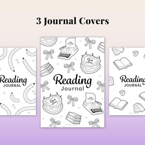 Reading challenge planner printable showing 3 journal cover designs, book tracker and reading log pages, printable journal bundle A4 A5