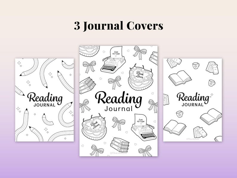 Reading challenge planner printable showing 3 journal cover designs, book tracker and reading log pages, printable journal bundle A4 A5