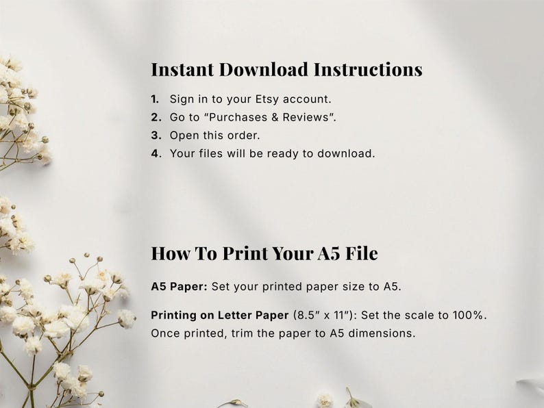 Thank you and instructions page showing how to download and print an Etsy digital printable file