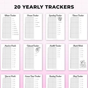 2026 bullet journal yearly trackers printable bundle showing 20 planner pages including water tracker, mood tracker, spending tracker, fitness tracker, sleep tracker, reading tracker, screen time tracker, year in pixels, health tracker, and habit tracking pages. Minimalist black and white bullet journal printables sized for A4 and A5 digital planner and journal inserts
