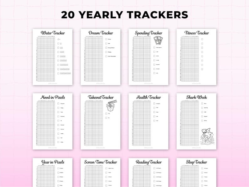 2026 bullet journal yearly trackers printable bundle showing 20 planner pages including water tracker, mood tracker, spending tracker, fitness tracker, sleep tracker, reading tracker, screen time tracker, year in pixels, health tracker, and habit tracking pages. Minimalist black and white bullet journal printables sized for A4 and A5 digital planner and journal inserts