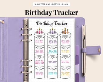 Afdrukbare verjaardagstracker • Maandplanner invoegen (digitale download pdf)