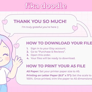 May include: A pink and white digital download graphic with instructions for downloading and printing files from Etsy. The image includes a cartoon illustration of a girl with pastel hair and the text "fika doodle". Instructions are provided for A5 paper size and printing on letter paper.