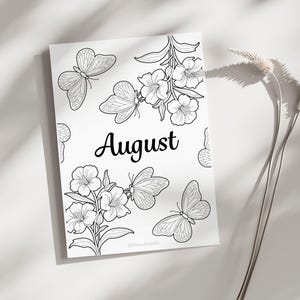 August monthly cover page from a 2026 printable planner featuring a floral and butterfly black and white design, planner and bullet journal printable monthly cover shown in a minimalist lifestyle mockup, suitable for A4 Letter and A5 sizes, instant digital download