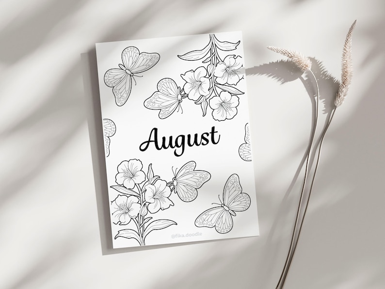 August monthly cover page from a 2026 printable planner featuring a floral and butterfly black and white design, planner and bullet journal printable monthly cover shown in a minimalist lifestyle mockup, suitable for A4 Letter and A5 sizes, instant digital download