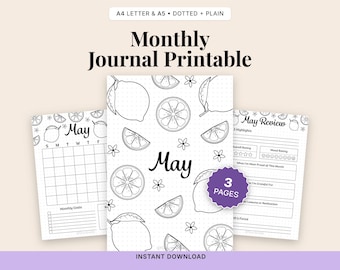 Mai Titelseite, Kalender, Monatsübersicht - Thema Zitronen, Obst - Bullet Journal Cover - A4 und A5 Druckbare PDF | Digitaler Download