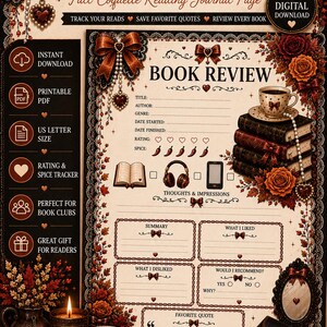 May include: A digital book review reading journal page featuring a cream background with brown lace borders, brown bows, and red roses. The page includes sections for title, author, genre, dates, ratings, spice levels, summary, likes, dislikes, and quotes.
