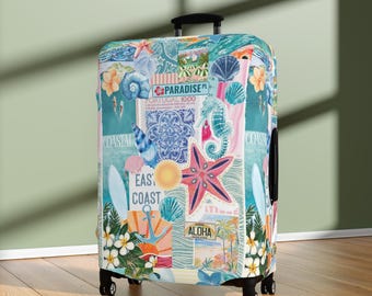 Funda de equipaje con collage costero: conchas tropicales, estrellas de mar y aloha