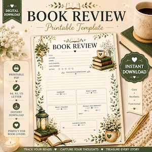 Può includere: Un modello stampabile per recensioni di libri su una pagina color crema con illustrazioni botaniche, una pila di libri, una lanterna e una tazza. Il modulo include campi per titolo, autore, genere, date, valutazione, riassunto e opinioni.