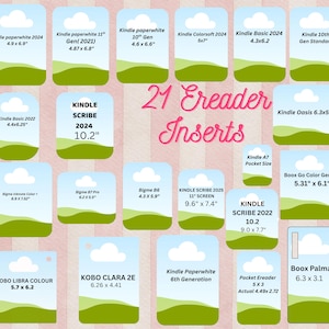 Könnte beinhalten: Eine Sammlung von 21 rechteckigen E-Reader-Einsätzen mit einer Grafik aus hellblauem Himmel und grüner Landschaft. Jeder Einsatz ist mit dem Gerätenamen und den Maßen in Zoll beschriftet, darunter Kindle-, Kobo-, Boox- und Bigme-Modelle.