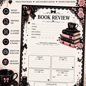 May include: A printable book review reading journal page featuring a black and pink aesthetic with roses, bows, and a stack of books. The form includes sections for title, author, genre, dates, ratings, summary, likes, dislikes, and favourite quotes.