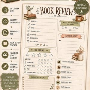 May include: A printable book review journal page featuring a cream-colored background with brown text and illustrations of stacked books, coffee mugs, and plants. The form includes sections for book title, author, rating, favorite quote, and thoughts.