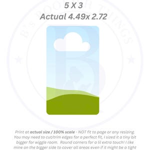 Puede incluir: Gráfico rectangular con diseño de cielo azul y paisaje verde, etiquetado como "Pocket Ereader". Las dimensiones son 5 x 3 pulgadas, con un tamaño real de 11,4 x 6,9 cm. El texto inferior aconseja recortar para un ajuste perfecto.