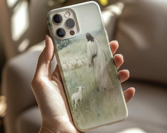 Jesus and the Lamb Watercolor phone case, iPhone 16 15 14 13 12 Pro Max Plus, Religious Gift, Christian Phone Case